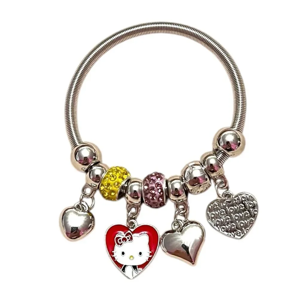 Hello Kitty Hearts Pink And Yellow Rhinestone Silver Tone Kids’ Charm Br…